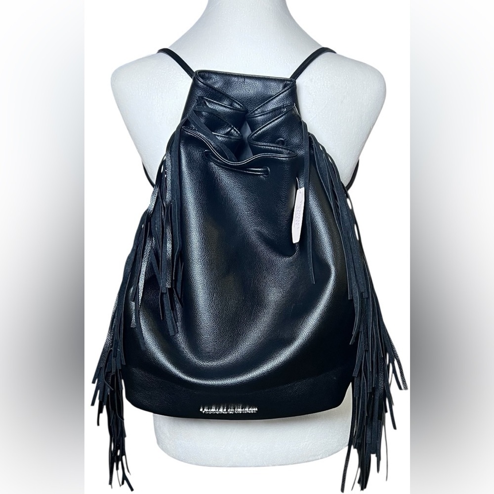 VICTORIA'S SECRET Black Faux Leather Fringe Drawstring Bucket Backpack NWT tags - Picture 3 of 11